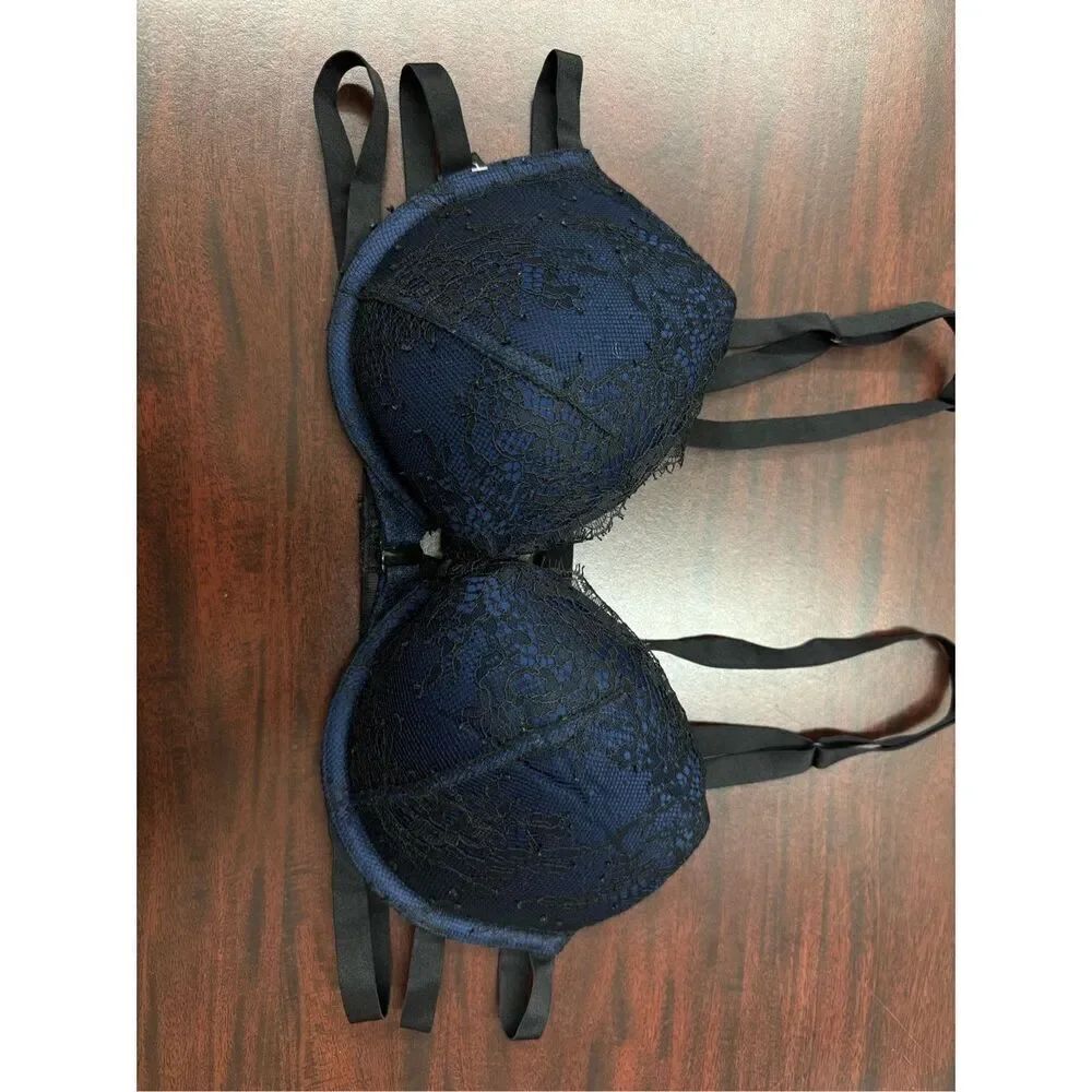 Victoria’s Secret Front Closure Push Up Bra Blue with Black Lace Size 36B